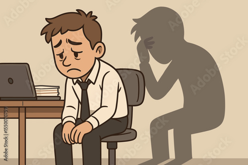 Stressed Depressed Office Worker with Sad Shadow, Workplace Anxiety, Burnout, Mental Health Crisis Concept, Cartoon Vector Illustration, Emotional Exhaustion at Work Desk, Corporate Depression