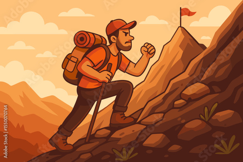 Determined hiker climbing steep mountain trail with backpack and stick, perseverance overcoming obstacles, goal achievement, adventure journey, success reaching summit, vector cartoon illustration