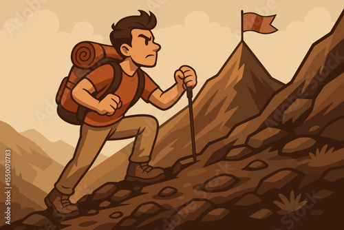 Motivated hiker climbing steep mountain path, backpack trekking, conquering obstacles, reaching summit flag, success achievement, perseverance, adventure outdoor travel, vector cartoon illustration