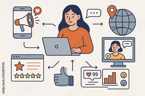 Digital PR Strategy Concept. Online Brand Awareness, Reputation Management, Social Media Marketing, Influencer Engagement, Analytics, Customer Feedback. Vector Illustration for Digital Communication