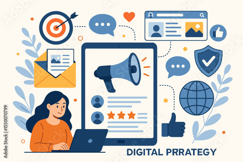 Digital PR Strategy for Brand Awareness and Online Reputation Management. Social Media Marketing, Email Campaigns, Target Audience Engagement, Internet Communication, Vector Illustration