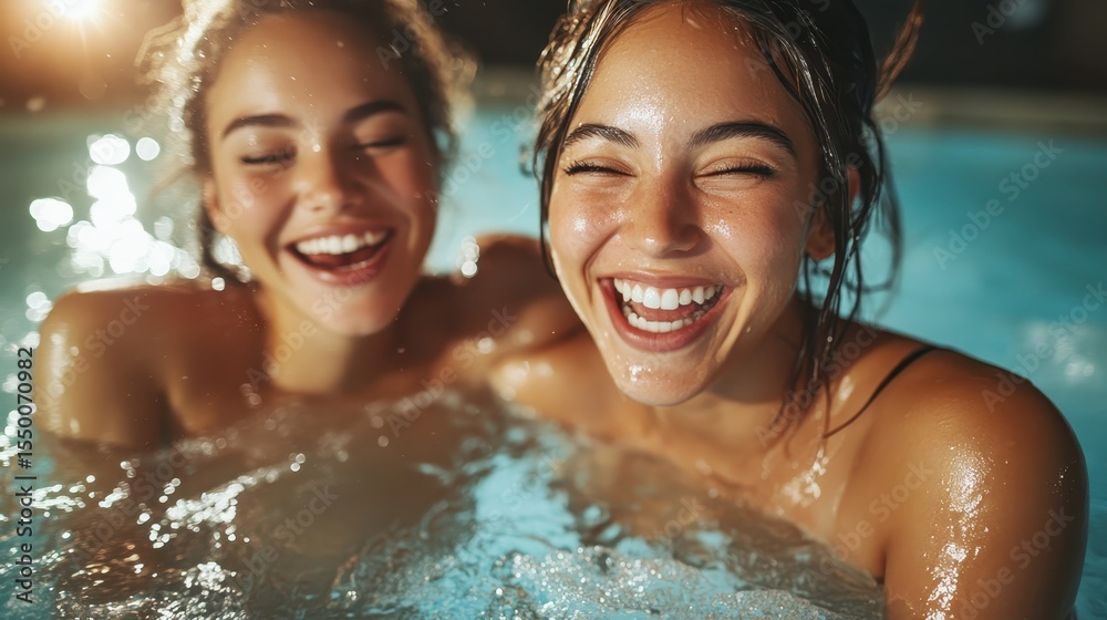 Fototapeta premium Two friends share a joyful moment while swimming in a sparkling pool, their laughter radiating happiness against the sunlit water, creating a perfect summer memory.