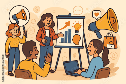 Marketing Strategy Workshop Teamwork. Vector Illustration of Group Presentation. Brand Awareness, Business Promotion, Digital Campaign Planning, Customer Engagement, Public Relations, Communication