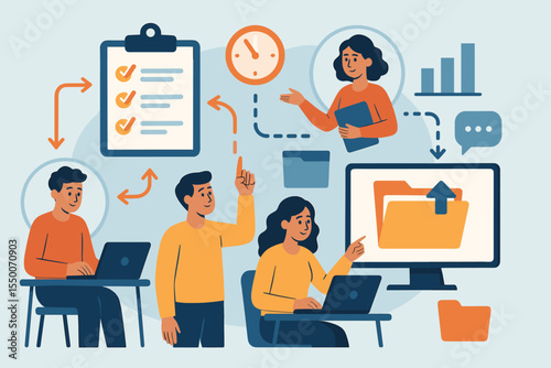 Teamwork Collaboration Online Project Management, Task Distribution, File Sharing, Workflow Organization, Digital Communication, Data Exchange, Flat Vector Office Workplace Illustration