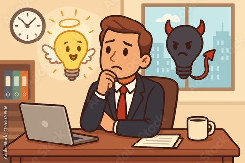 Businessman Facing Moral Dilemma at Work Desk. Angel and Devil Light Bulbs Representing Good and Bad Ideas. Ethics Decision Making. Corporate Cartoon Office Vector Illustration.