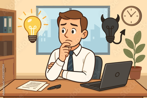 Business Decision Making Dilemma Concept. Employee Contemplating Good and Bad Ideas. Light Bulb and Devil Symbol in Office. Ethical Choices. Workplace Judgment. Vector Cartoon Illustration