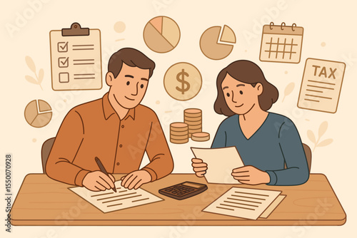 Financial planning teamwork, man and woman reviewing tax documents, calculator, paperwork, money management, budgeting, accounting, tax filing, pie charts, finance concept, vector illustration