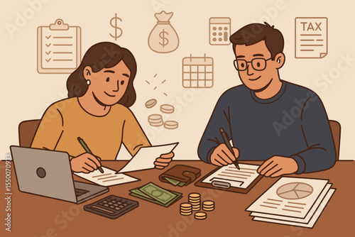 Financial Planning Team Budgeting Tax Filing Accounting. Man Woman Managing Money. Paperwork, Income Calculation, Tax Documents, Laptop Calculator, Money Management. Vector Cartoon Illustration