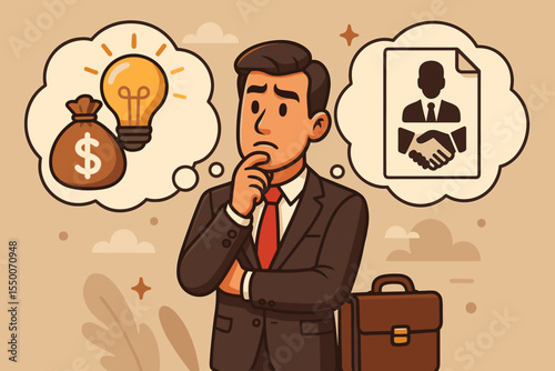 Businessman making career decision. Vector illustration of professional analyzing business opportunity, job offer, entrepreneurship, investment, innovation, partnership, negotiation concept