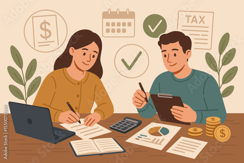 Business finance teamwork, man and woman filling documents, budgeting, tax filing, planning, financial management, accounting, office collaboration, money, calendar, and report illustration