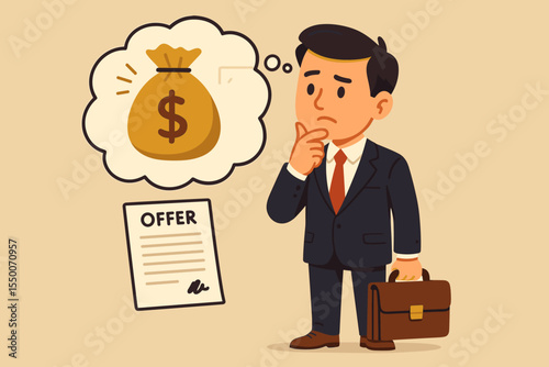 Businessman Considering Lucrative Job Offer and Financial Opportunity, Cartoon Vector Illustration. Pensive Professional Holding Briefcase Thinking About Salary, Money Bag, Contract Decision