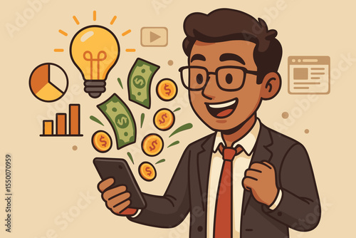 Entrepreneur making money online with smartphone. Innovative business ideas, financial growth, investment, digital marketing, startup concept. Cartoon vector illustration, charts, lightbulb, cash