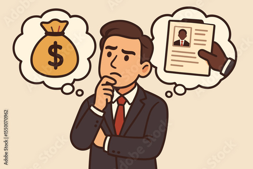 Businessman Making Difficult Career Decision Balancing Lucrative Job Offer and High Salary Opportunity. Professional Choices, Recruitment, Job Search, Money Motivation, Career Path Vector Illustration