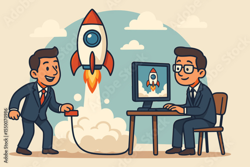 Business startup launch concept. Entrepreneur activates rocket, employee monitors launch on computer. Cartoon vector illustration. New company, innovation, teamwork, growth, success metaphor
