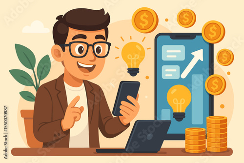 Innovative entrepreneur earning money online with smartphone and laptop, creative business ideas, finance growth, mobile investment, digital banking, modern technology concept illustration