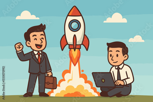Startup Launch Success Concept. Businessman with Briefcase and Colleague Using Laptop Watch Rocket Take Off. New Venture, Teamwork, Innovation, Growth, Motivation. Vector Cartoon Illustration