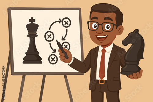 Business Strategy Planning Concept. Cartoon Entrepreneur Presenting Corporate Tactics, Chess Game Analysis on Whiteboard, Leadership, Decision Making, Competitive Advantage, Strategic Planning