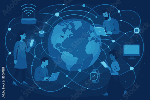 Global digital communication network concept. Connecting people with smart devices, laptops, smartphones, and wearable technology. Futuristic worldwide internet connectivity vector illustration