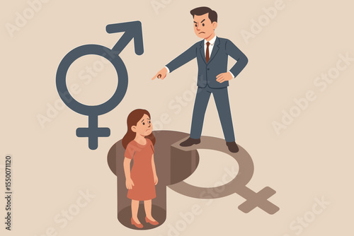 Gender inequality power imbalance concept, man in business suit dominates woman trapped in gender symbol pit, sexism, discrimination, workplace inequality, cartoon vector illustration