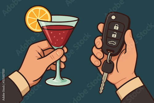 Drunk driving awareness concept. Hand holding cocktail glass with orange slice and car key remote. Alcohol and driving risk, DUI prevention, responsible drinking, safety vector illustration