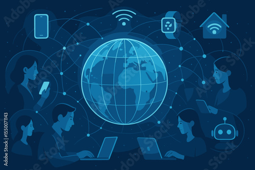 Global Network Technology Connecting People and Smart Devices. Digital Communication. Internet of Things. Wireless Connectivity. Laptop, Smartphone, Smartwatch, Home Automation, AI Concept Vector