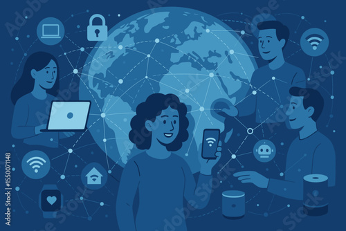 Global technology network connection, people using smart devices, internet of things, wireless communication, artificial intelligence, digital data exchange, secure online connectivity concept vector