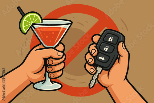 Drunk Driving Prevention Concept. Hand Holding Cocktail Glass and Car Key Remote. Alcohol and Driving Risk Warning. Stop Drink and Drive. Vector Cartoon Illustration for Safety and Awareness