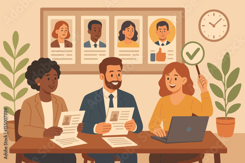 Human resources managers interviewing candidates and selecting best employee. Recruitment and hiring process, HR team reviewing resumes, job applications. Employment management vector illustration.