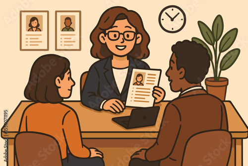 Human Resources Manager Conducting Job Interview, Reviewing Applicant Resumes, Evaluating Candidates for Employment, Recruitment Process, Office Meeting, Professional Hiring Vector Illustration