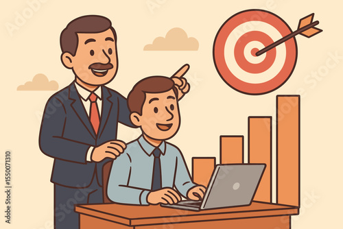 Business mentorship and leadership support illustration. Manager coaching employee to achieve goals. Teamwork, career development, professional growth, guidance, success target, bar chart, laptop.