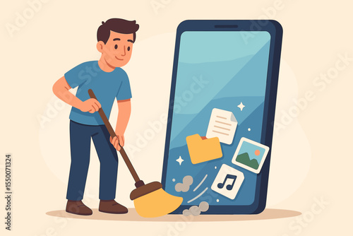 Digital device cleanup concept. Cartoon man sweeping smartphone screen to delete files, remove documents, clear music and photos. Data management, phone memory optimization vector illustration
