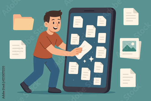 Cartoon man organizing smartphone files, deleting digital documents, managing folders, removing images, cleaning device storage, data management, digital declutter, information organization concept