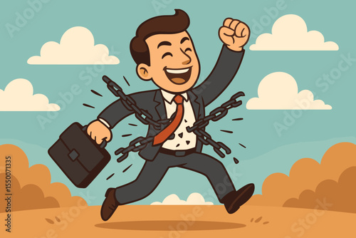 Cartoon businessman breaking chains, symbolizing overcoming obstacles, career freedom, motivation, success, stress relief, escaping limitations, business liberation, vector illustration