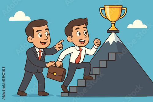 Business mentor guiding employee up career ladder to achieve professional success. Vector cartoon of teamwork, leadership, motivation, coaching, achievement, goal, trophy, and mountain peak concept