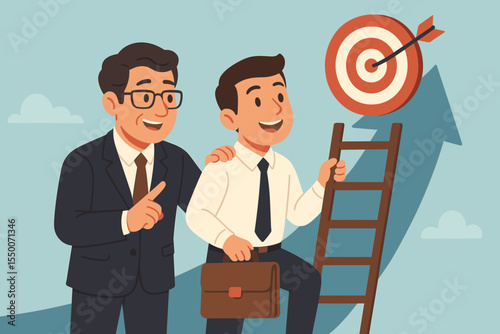 Business Mentorship Leadership Guidance Success Target Achievement. Manager Coaching Employee to Career Growth. Ladder to Goal, Arrow Hitting Bullseye. Professional Support Vector Illustration