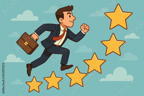 Ambitious businessman running up golden stars with briefcase, career growth metaphor, professional success, achievement, reaching goals, motivation, cartoon vector illustration, sky background