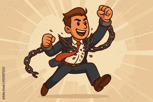 Businessman Breaking Chains Vector Illustration. Freedom, Success, Motivation Concept. Overcoming Obstacles, Achieving Goals, Escape from Limits, Empowerment, Growth, Liberation in Career, No Text