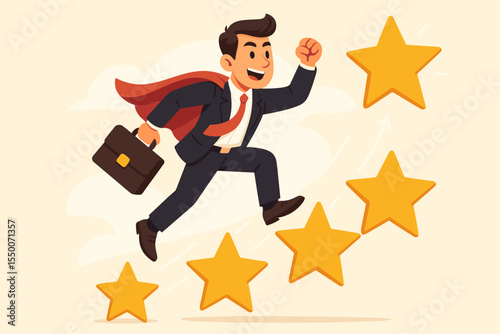 Ambitious businessman in suit and red cape running up golden stars with briefcase, career growth, business success, leadership, achievement motivation, progress, vector cartoon illustration