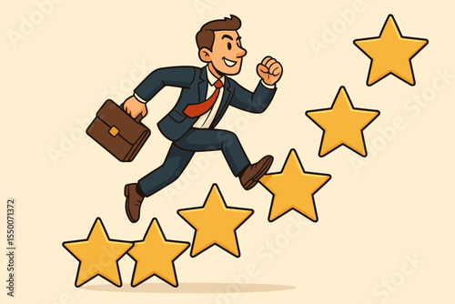 Ambitious businessman climbing upward on golden stars with briefcase. Career success, professional growth, achieving goals, motivation, leadership concept. Vector cartoon illustration.