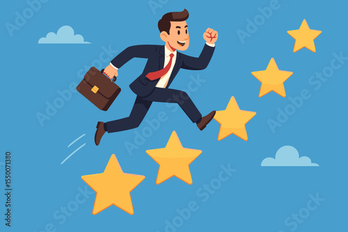 Ambitious businessman jumping on golden stars, career growth success concept, professional achievement, motivation, leadership, business goal, opportunity, ambition, vector illustration