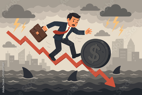 Businessman Facing Financial Crisis Risk. Economy Downturn, Investment Loss, Recession, Bear Market Danger. Falling Profits, Economic Decline, Crisis Management, Stormy Market, Finance Stress Vector