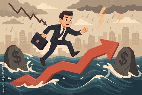 Businessman Facing Financial Crisis, Navigating Investment Risks and Market Volatility, Concept of Surviving Economic Downturn, Arrow Growth Amid Storm, Economy Uncertainty Vector Illustration