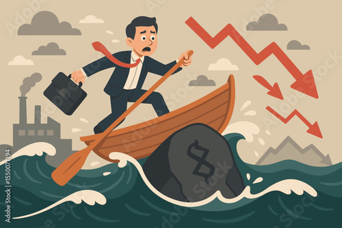 Businessman Navigating Economic Crisis in Stormy Seas, Investment Risk, Downturn, Financial Instability, Recession, Falling Market, Dollar Symbol Rock, Vector Cartoon Metaphor Illustration