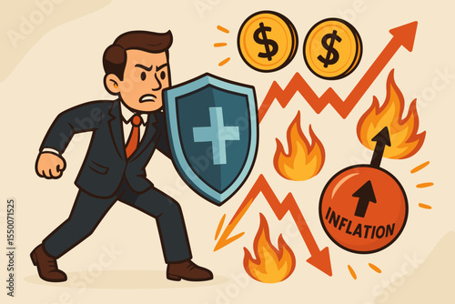 Businessman Defending Investments with Shield Against Inflation, Rising Market Volatility, Financial Crisis, Economic Risk, Dollar Coins, Fire, Upward Arrow, Vector Cartoon Concept Illustration