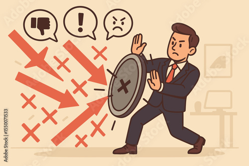 Businessman Defending Against Negative Criticism and Feedback at Work. Concept of Resilience, Stress Protection, Emotional Shield, Workplace Mental Health, Overcoming Challenges. Vector Illustration
