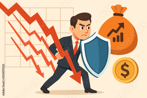 Businessman Defending Investments with Shield Against Stock Market Crash, Financial Crisis, Inflation, Economic Downturn, Money Loss, Risk Management, Finance Protection Concept Illustration