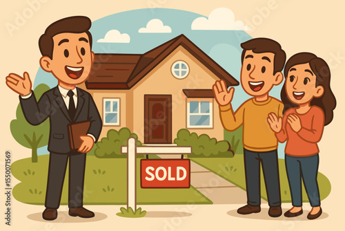 Happy Couple Buying New Home with Real Estate Agent, Cartoon Vector Illustration of House Sold, Family Purchasing Property, Realtor Showing House, Successful Real Estate Transaction Concept