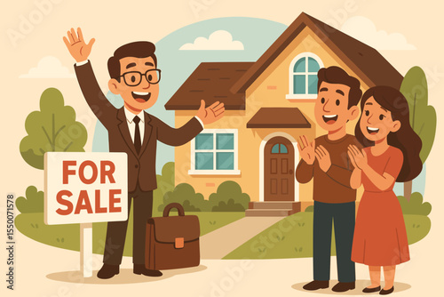 Happy real estate agent presenting new home for sale to excited couple, modern house exterior, successful property deal, home buying, cheerful buyers, residential suburb, vector cartoon illustration
