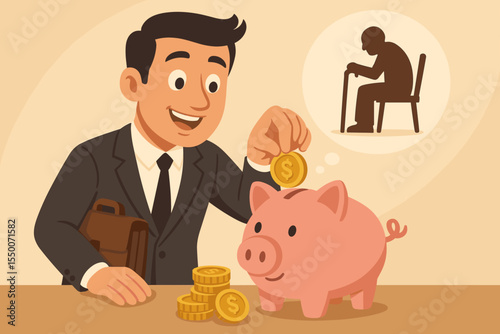 Businessman Saving Money in Piggy Bank for Retirement Planning, Investment and Pension Fund Concept, Financial Security and Future Savings Vector Illustration, Stack of Coins, Elderly Silhouette