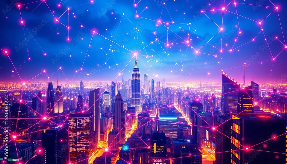 Obraz premium Abstract network nodes and connections forming a futuristic city skyline, AI, machine learning